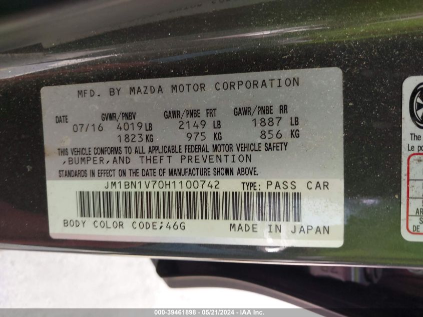 2017 Mazda Mazda3 Touring VIN: JM1BN1V70H1100742 Lot: 39461898