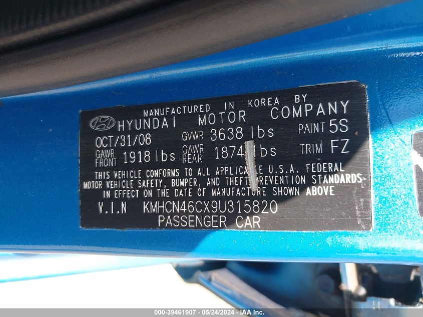2009 Hyundai Accent Gls VIN: KMHCN46CX9U315820 Lot: 39461907