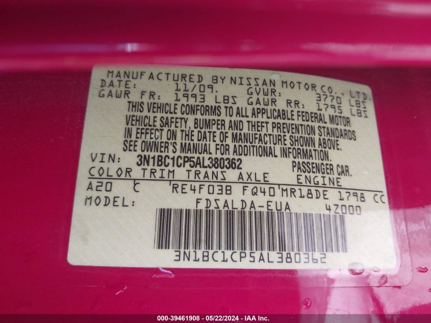 2010 Nissan Versa 1.8S VIN: 3N1BC1CP5AL380362 Lot: 39461908