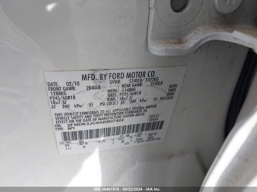 2010 Ford Edge Sel VIN: 2FMDK3JC9ABB07422 Lot: 39461918