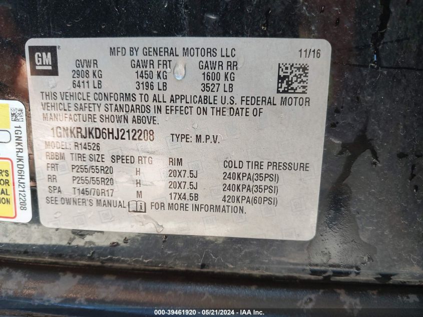 2017 Chevrolet Traverse Premier VIN: 1GNKRJKD6HJ212208 Lot: 39461920
