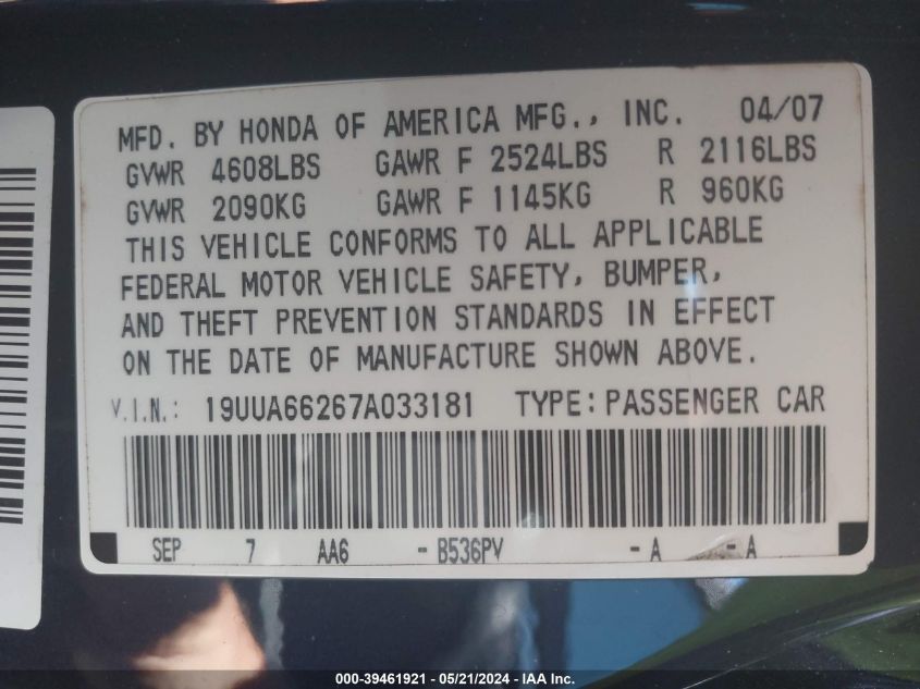2007 Acura Tl 3.2 VIN: 19UUA66267A033181 Lot: 39461921