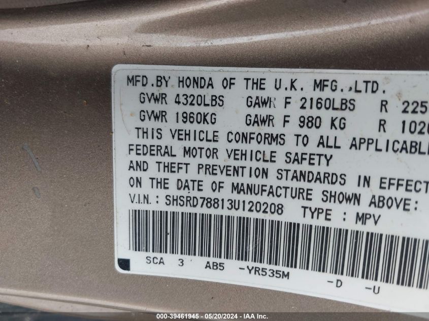 2003 Honda Cr-V Ex VIN: SHSRD78813U120208 Lot: 39461945