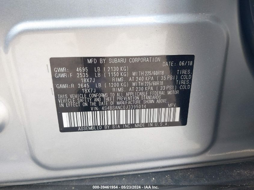 2018 Subaru Outback 2.5I Limited VIN: 4S4BSANC0J3395014 Lot: 39461954