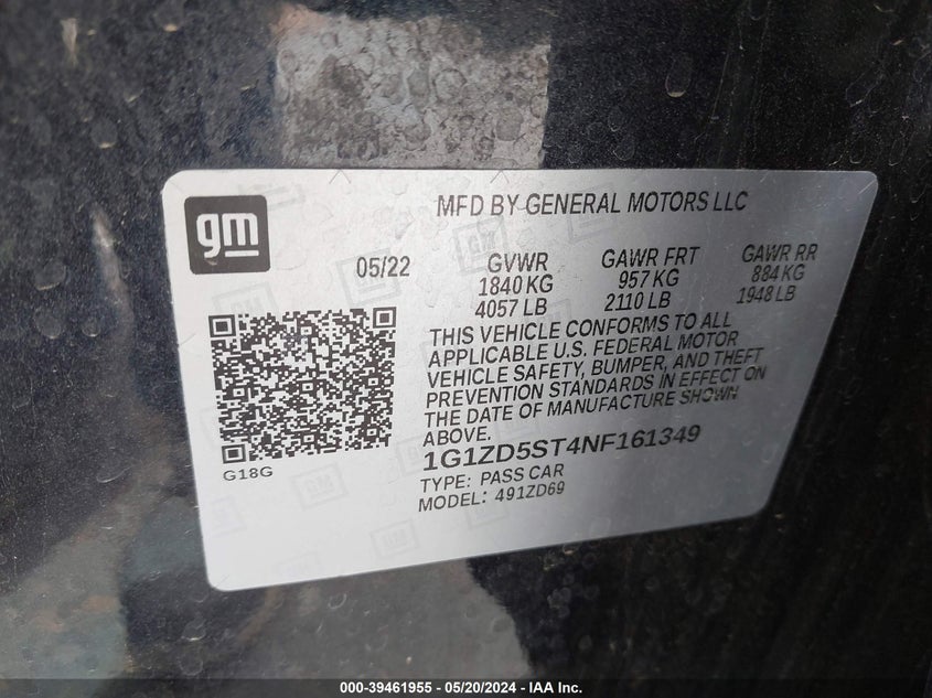2022 Chevrolet Malibu Fwd Lt VIN: 1G1ZD5ST4NF161349 Lot: 39461955