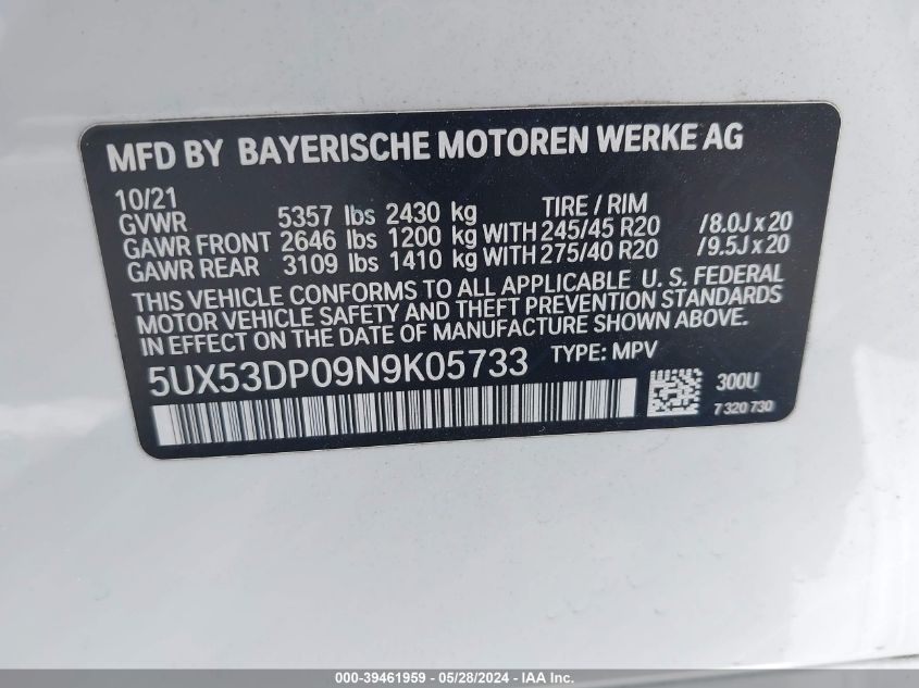 2022 BMW X3 xDrive30I VIN: 5UX53DP09N9K05733 Lot: 39461959