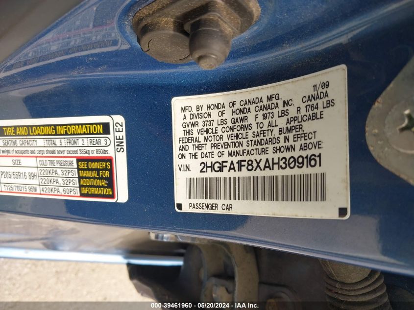 2010 Honda Civic Ex VIN: 2HGFA1F8XAH309161 Lot: 39461960