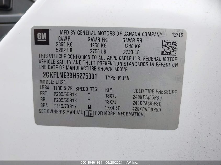 2017 GMC Terrain Sle-2 VIN: 2GKFLNE33H6275001 Lot: 39461984