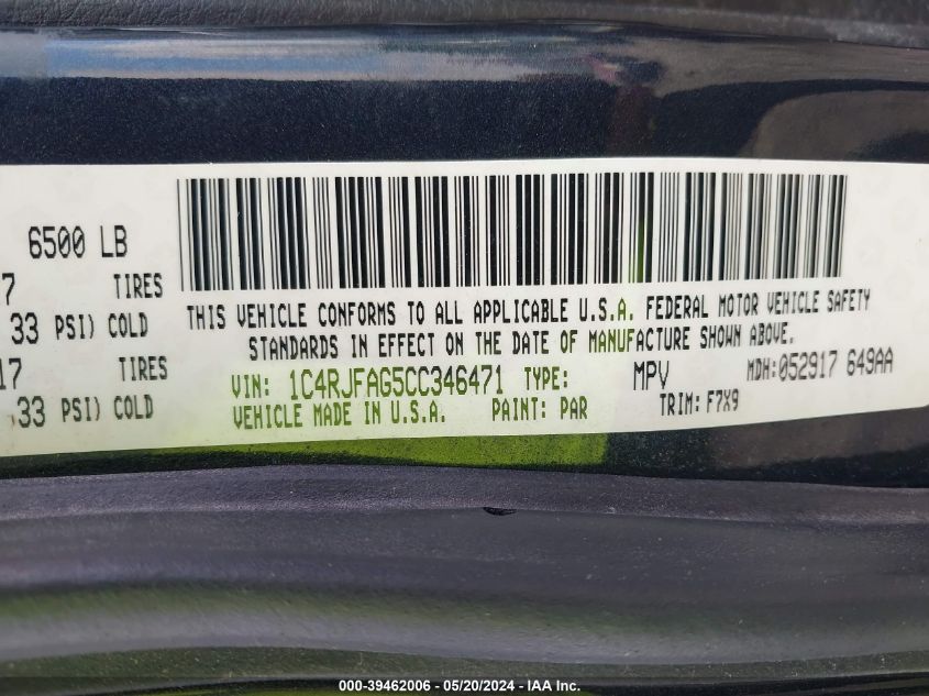 2012 Jeep Grand Cherokee Laredo VIN: 1C4RJFAG5CC346471 Lot: 39462006