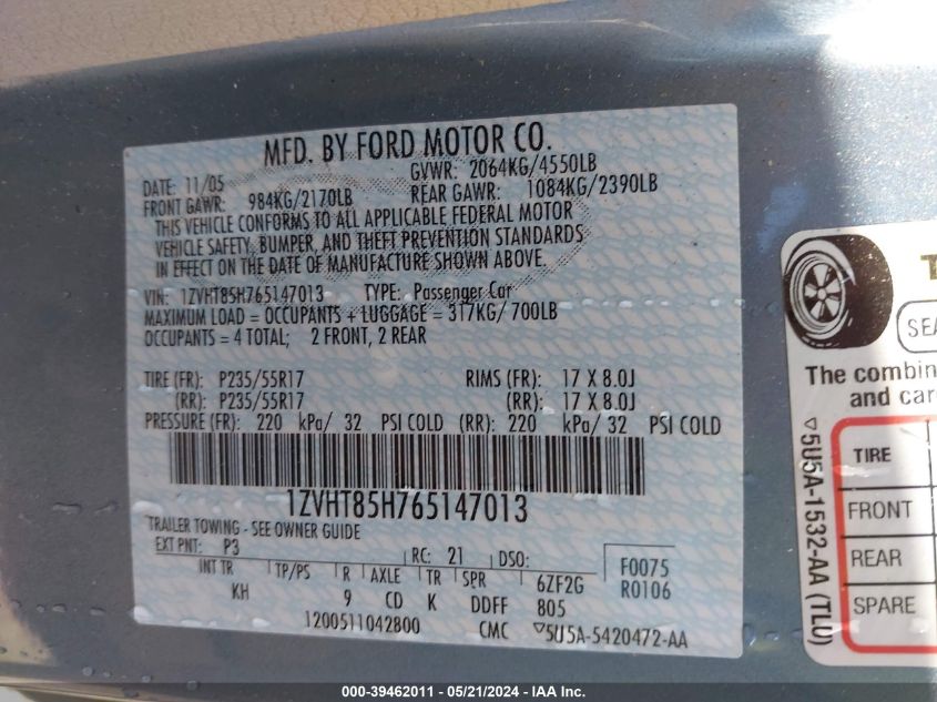 2006 Ford Mustang Gt VIN: 1ZVHT85H765147013 Lot: 39462011