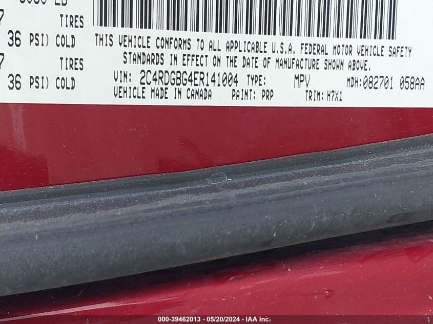 2014 Dodge Grand Caravan VIN: 2C4RDGBG4NR141004 Lot: 39462013