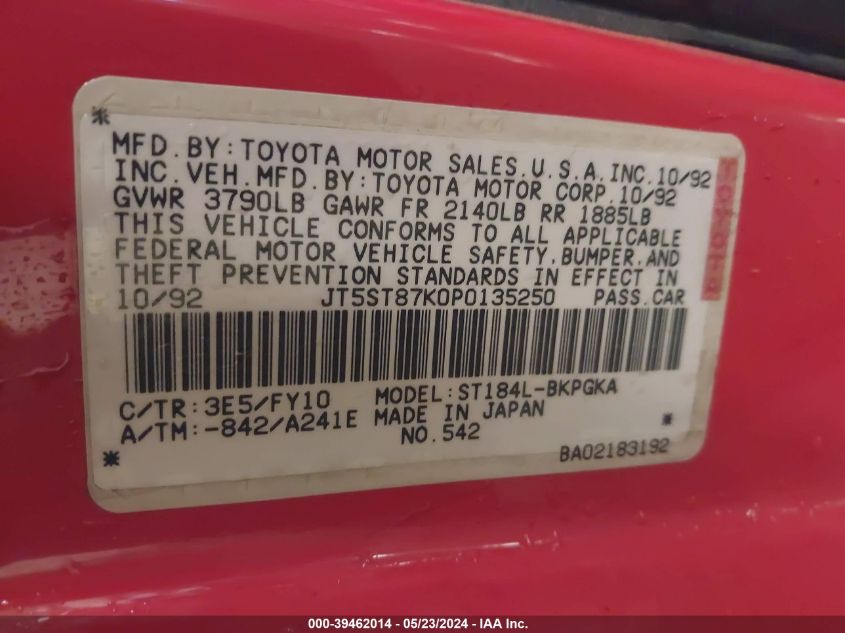 1993 Toyota Celica Gt VIN: JT5ST87K0P0135250 Lot: 39462014