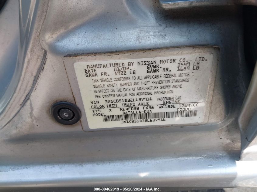 2002 Nissan Sentra Gxe VIN: 3N1CB51D32L637916 Lot: 39462019