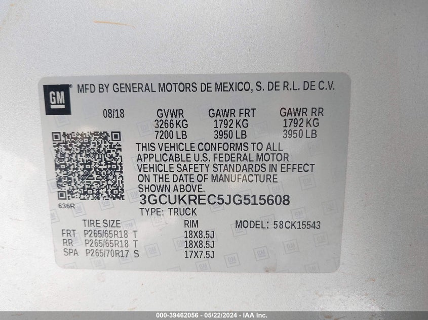 2018 Chevrolet Silverado 1500 2Lt VIN: 3GCUKREC5JG515608 Lot: 39462056