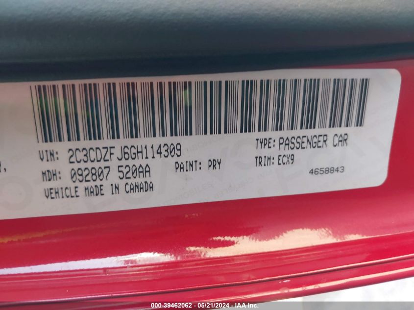 2016 Dodge Challenger R/T Scat Pack VIN: 2C3CDZFJ6GH114309 Lot: 39462062