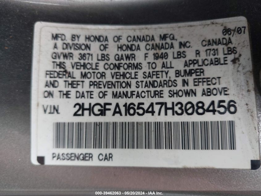 2007 Honda Civic Lx VIN: 2HGFA16547H308456 Lot: 39462063