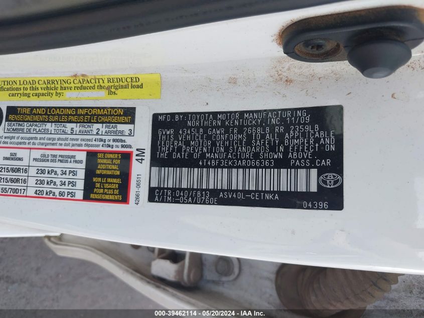 2010 Toyota Camry Le VIN: 4T4BF3EK3AR066363 Lot: 39462114