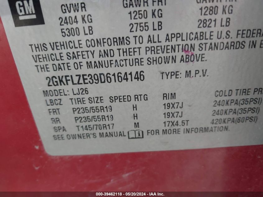 2013 GMC Terrain Denali VIN: 2GKFLZE39D6164146 Lot: 39462118