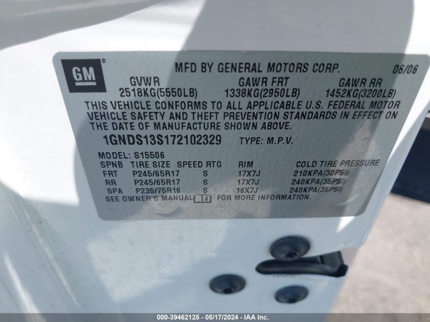 2007 Chevrolet Trailblazer Ls VIN: 1GNDS13S172102329 Lot: 39462125