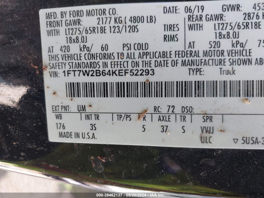 2019 Ford F-250 Xlt VIN: 1FT7W2B64KEF52293 Lot: 39462137
