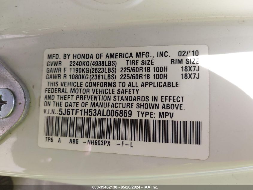 2010 Honda Accord Crosstour Ex-L VIN: 5J6TF1H53AL006869 Lot: 39462138