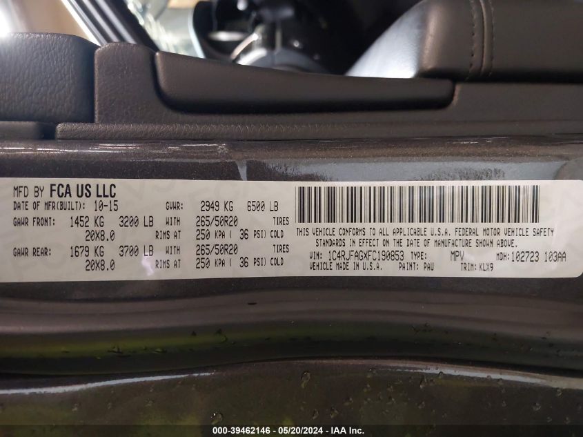 2015 Jeep Grand Cherokee Altitude VIN: 1C4RJFAGXFC190853 Lot: 39462146