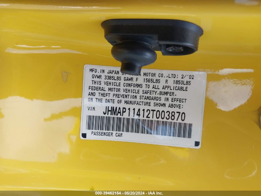 2002 Honda S2000 VIN: JHMAP11412T003870 Lot: 39462154