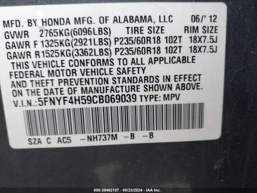 2012 Honda Pilot Ex-L VIN: 5FNYF4H59CB069039 Lot: 39462157