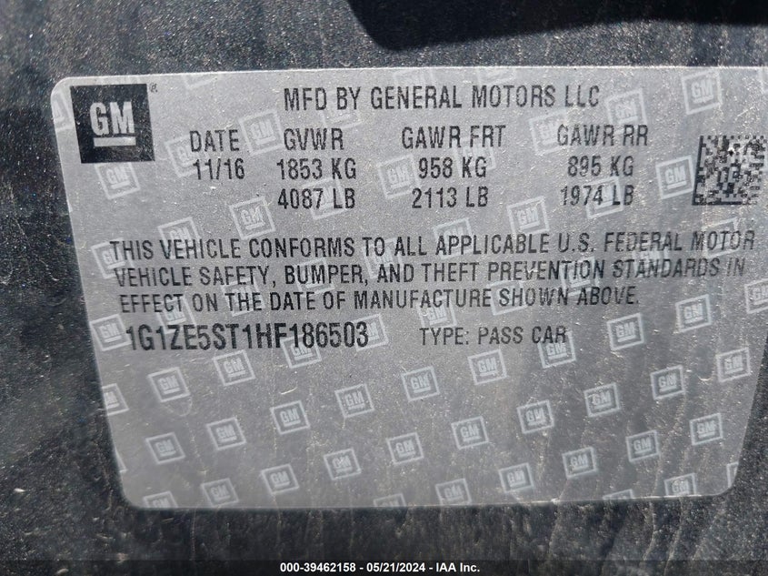 2017 Chevrolet Malibu 1Lt VIN: 1G1ZE5ST1HF186503 Lot: 39462158