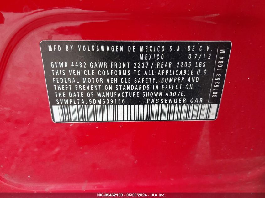 2013 Volkswagen Jetta Sportwagen 2.0L Tdi VIN: 3VWPL7AJ9DM609156 Lot: 39462159