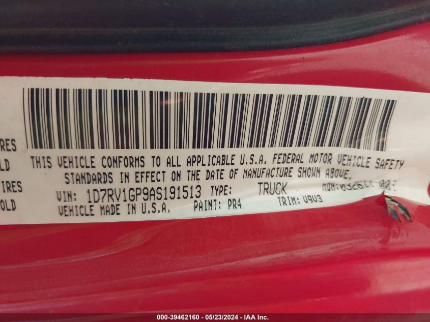 2010 Dodge Ram 1500 St VIN: 1D7RV1GP9AS191513 Lot: 39462160