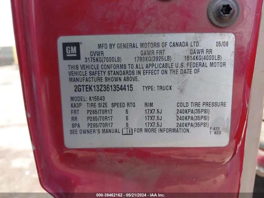 2006 GMC Sierra 1500 Slt VIN: 2GTEK13Z361354415 Lot: 39462162