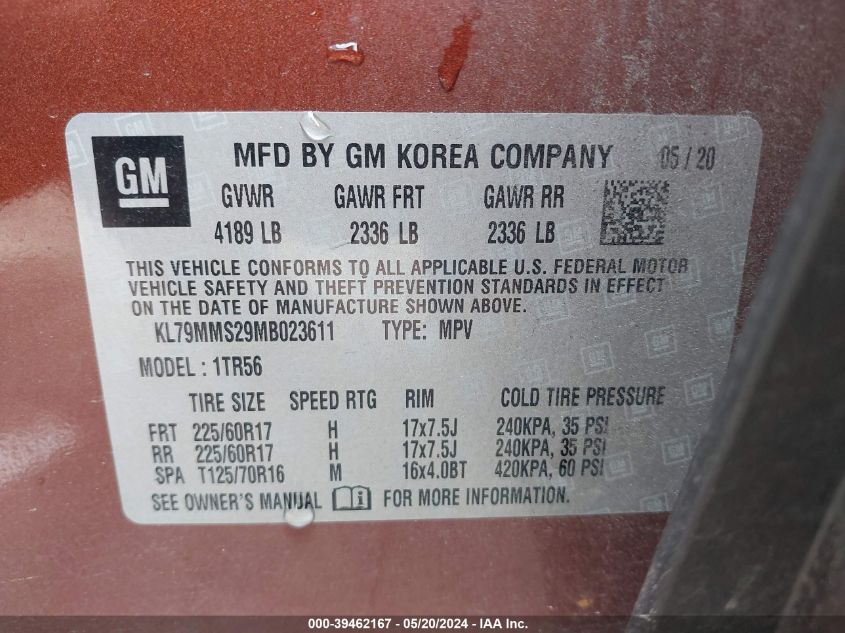 2021 Chevrolet Trailblazer Fwd Ls VIN: KL79MMS29MB023611 Lot: 39462167
