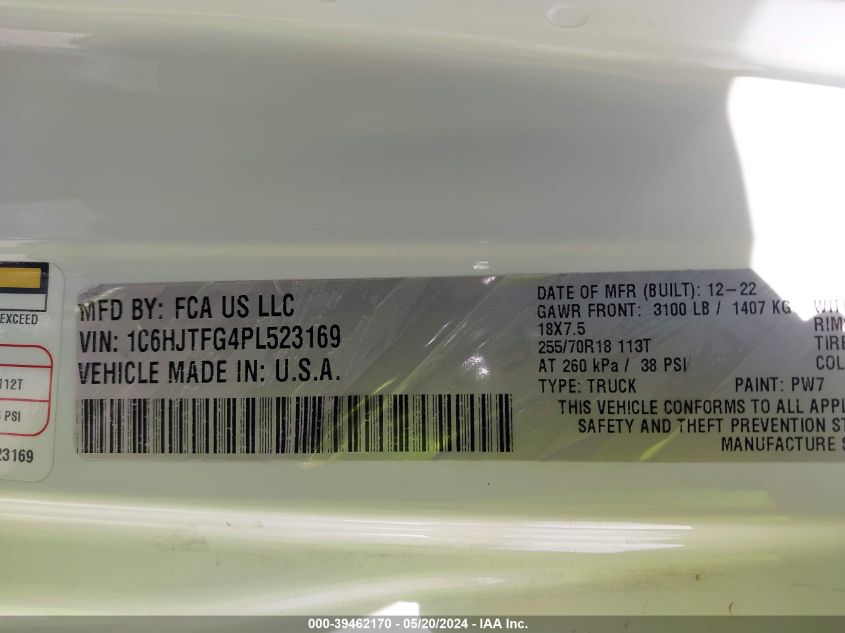 2023 Jeep Gladiator Overland 4X4 VIN: 1C6HJTFG4PL523169 Lot: 39462170