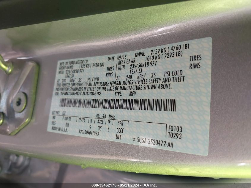 2018 Ford Escape Sel VIN: 1FMCU9HD7JUD30592 Lot: 39462175