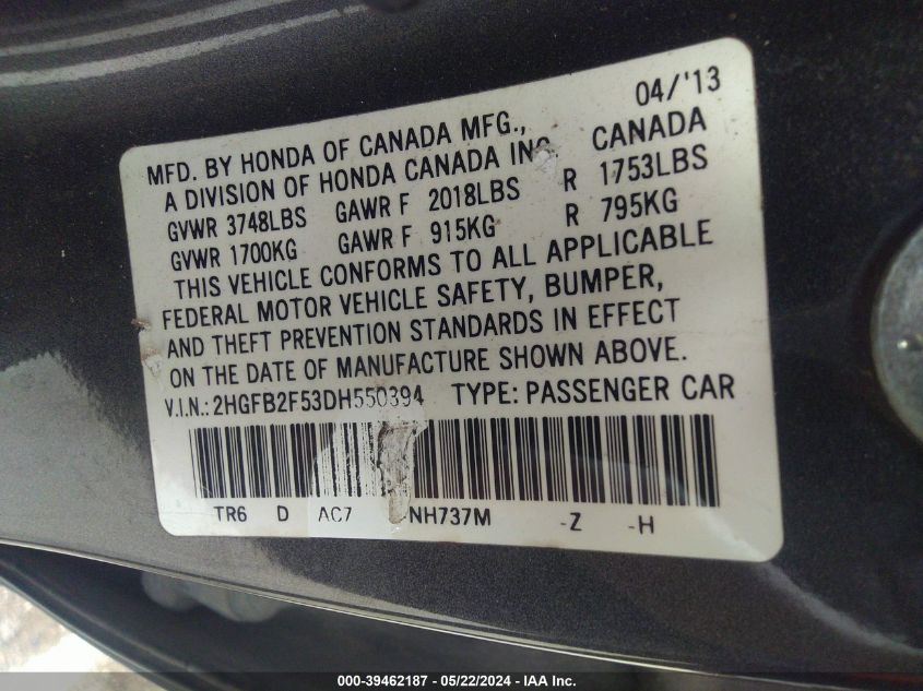 2013 Honda Civic Lx VIN: 2HGFB2F53DH550394 Lot: 39462187