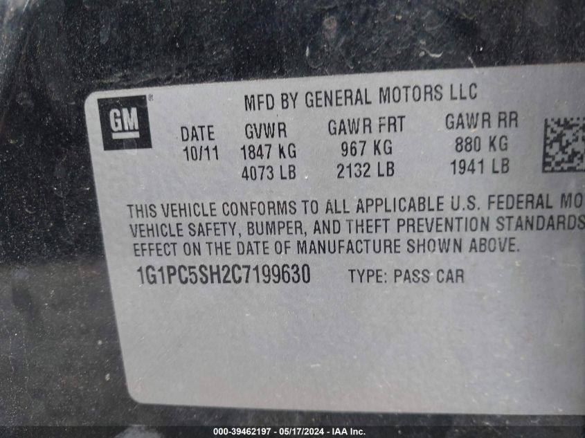 2012 Chevrolet Cruze Ls VIN: 1G1PC5SH2C7199630 Lot: 39462197