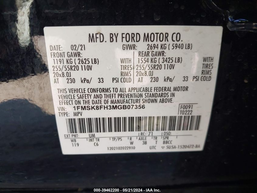 2021 Ford Explorer Limited VIN: 1FMSK8FH3MGB07356 Lot: 39462200