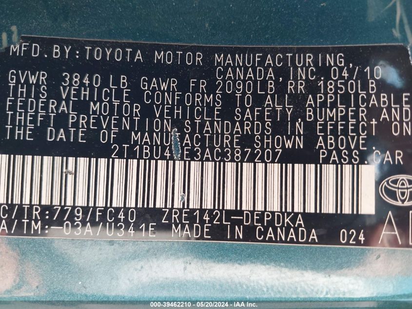 2010 Toyota Corolla Le VIN: 2T1BU4EE3AC387207 Lot: 39462210