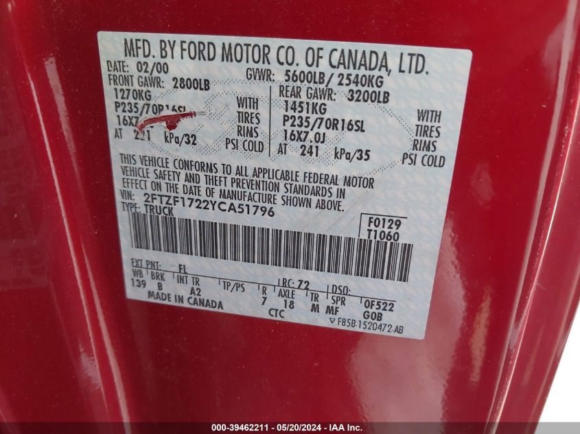 2000 Ford F-150 Work Series/Xl/Xlt VIN: 2FTZF1722YCA51796 Lot: 39462211