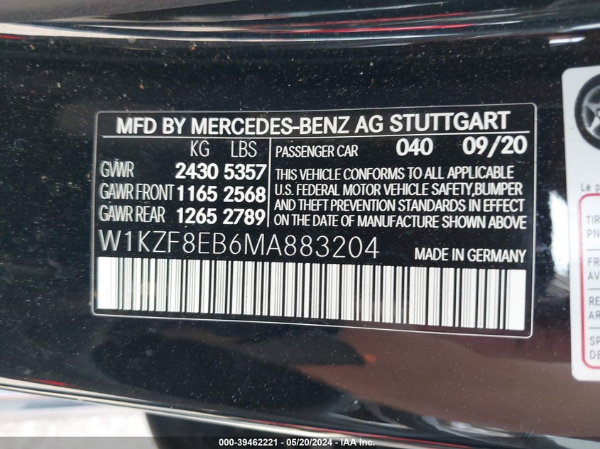 2021 MERCEDES-BENZ E 350 VIN: W1KZF8EB6MA883204