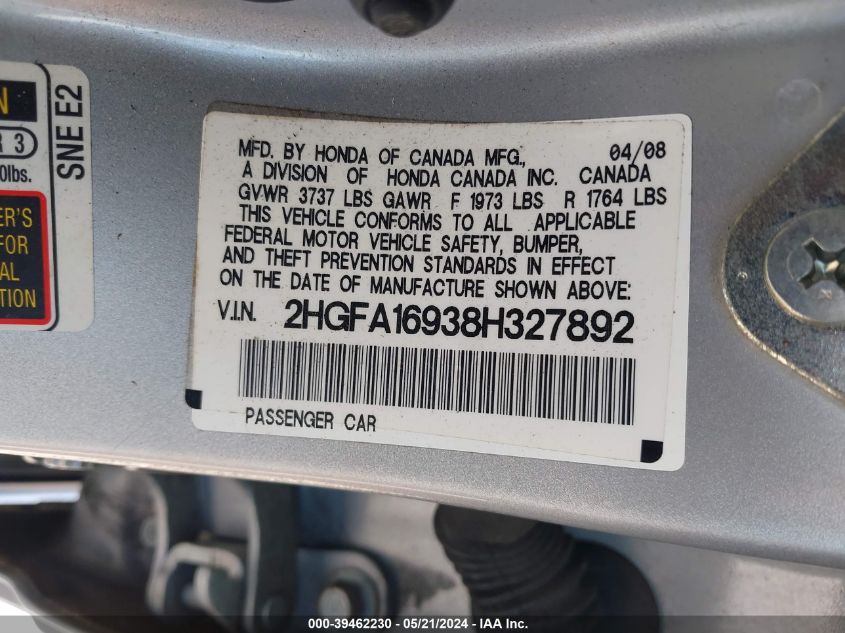 2008 Honda Civic Ex-L VIN: 2HGFA16938H327892 Lot: 39462230