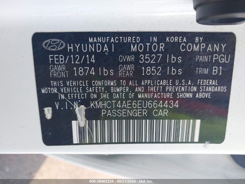 2014 Hyundai Accent Gls VIN: KMHCT4AE6EU664434 Lot: 39462234