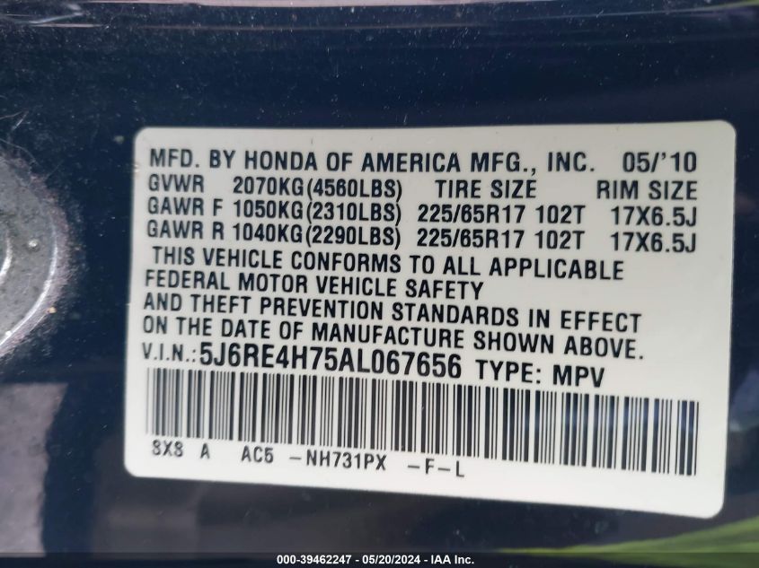 2010 Honda Cr-V Ex-L VIN: 5J6RE4H75AL067656 Lot: 39462247