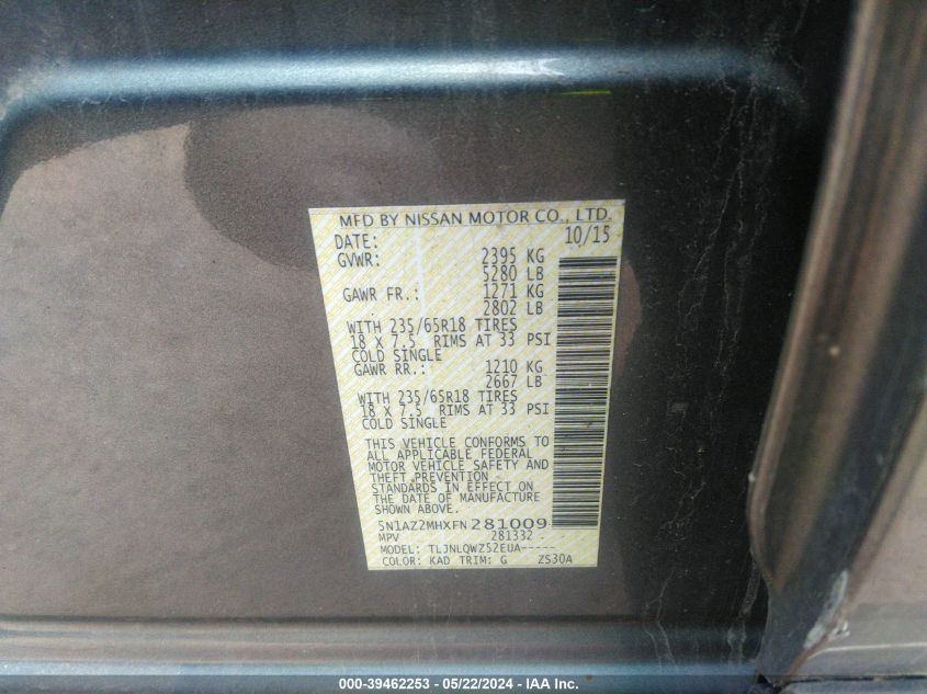 2015 Nissan Murano Sv VIN: 5N1AZ2MHXFN281009 Lot: 39462253