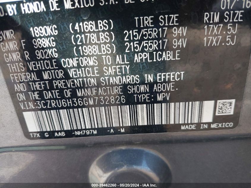 2016 Honda Hr-V Lx VIN: 3CZRU6H36GM732826 Lot: 39462260