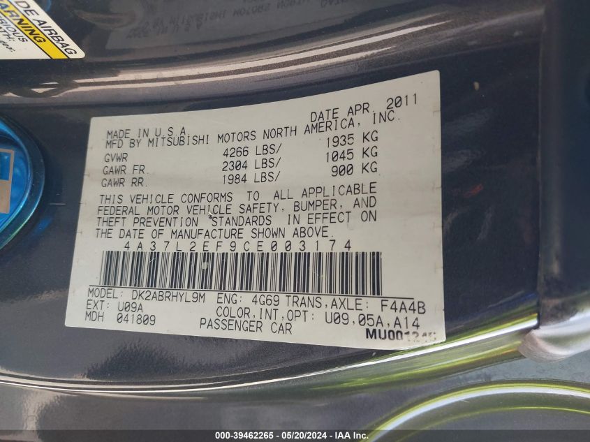 2012 Mitsubishi Eclipse Spyder Gs Sport VIN: 4A37L2EF9CE003174 Lot: 39462265