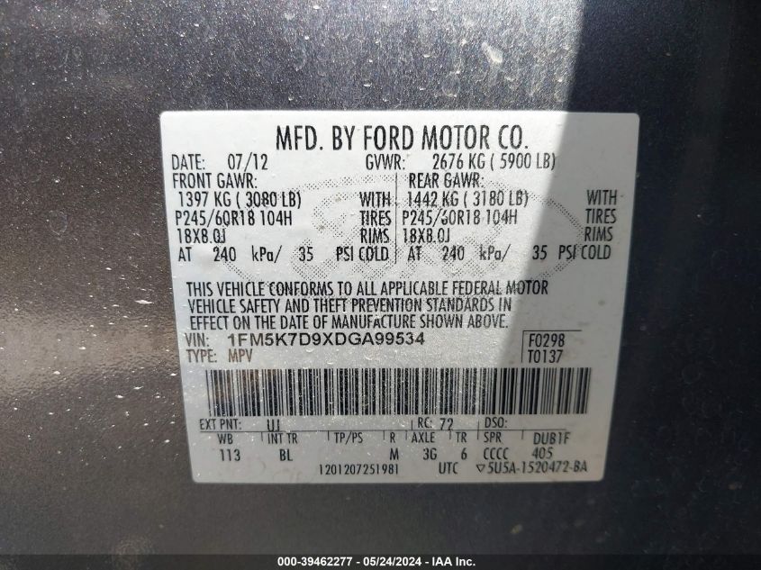 2013 Ford Explorer Xlt VIN: 1FM5K7D9XDGA99534 Lot: 39462277