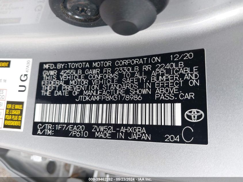 2021 Toyota Prius Prime Xle VIN: JTDKAMFP8M3178986 Lot: 39462282