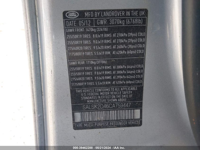 2012 Land Rover Range Rover Sport Hse VIN: SALSK2D46CA759447 Lot: 39462288